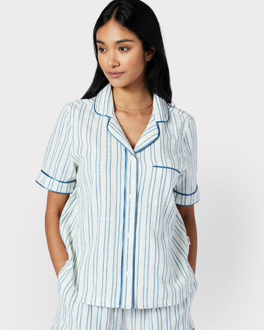 Poplin Stripe Short Pyjama Set - Blue & White